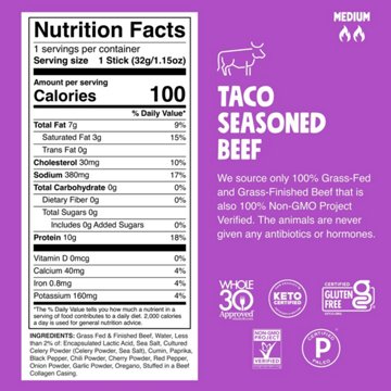 Chomps 10g Protein Taco Seasoned Beef Jerky Meat Stick, 1.15 oz