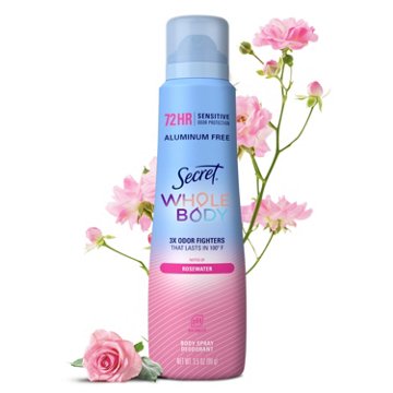 Secret Whole Body Deodorant Spray for Women, Rosewater Scent, Aluminum Free Deodorant, 72 HR Odor Protection