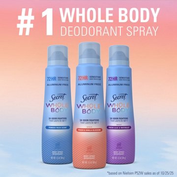 Secret Whole Body Deodorant Spray for Women, Rosewater Scent, Aluminum Free Deodorant, 72 HR Odor Protection