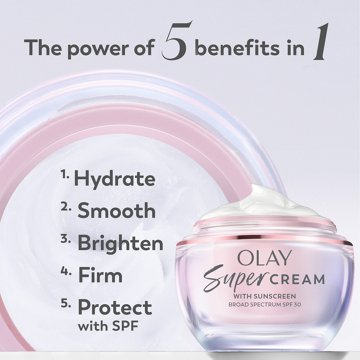 Olay Super Cream with Sunscreen SPF 30, Trial Size, Lightweight Face Moisturizer with Sun Protection, 5-in-1 Skin Care Benefits - Hydrating, Brightening, Firming - Niacinamide, Vitamin C