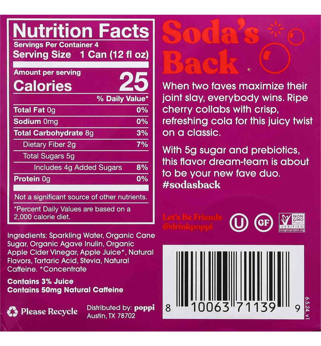 poppi Prebiotic Soda 4 pk Cans - Cherry Cola; image 3 of 4