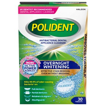 Polident Overnight Whitening Antibacterial Dental Appliance Cleanser Tablets, 30 ct