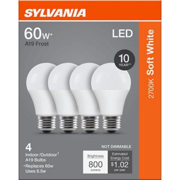 SYLVANIA A19 60 Watt LED Soft White Frost Bulb, 4 pk