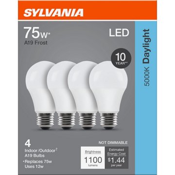 SYLVANIA A19 75 Watt LED Daylight Frost Bulb, 4 pk