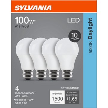 SYLVANIA A19 100 Watt LED Daylight Frost Bulb, 4 pk