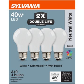 SYLVANIA A19 40 Watt LED Neutral White Double Life Bulb, 4 pk