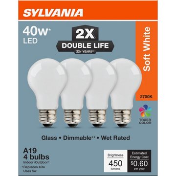 SYLVANIA A19 40 Watt Soft White Double Life Bulb, 4 pk