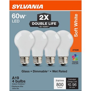 SYLVANIA A19 60 Watt Soft White Double Life Bulb, 4 pk