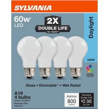 SYLVANIA A19 60 Watt LED Daylight Double Life Bulb, 4 pk