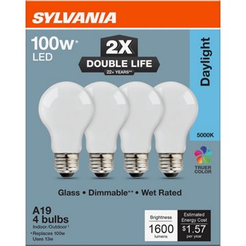 SYLVANIA A19 100 Watt LED Daylight Double Life Bulb, 4 pk