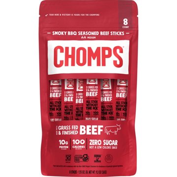 Chomps 10g Protein Smoky BBQ Beef Jerky Meat Sticks, 8 ct