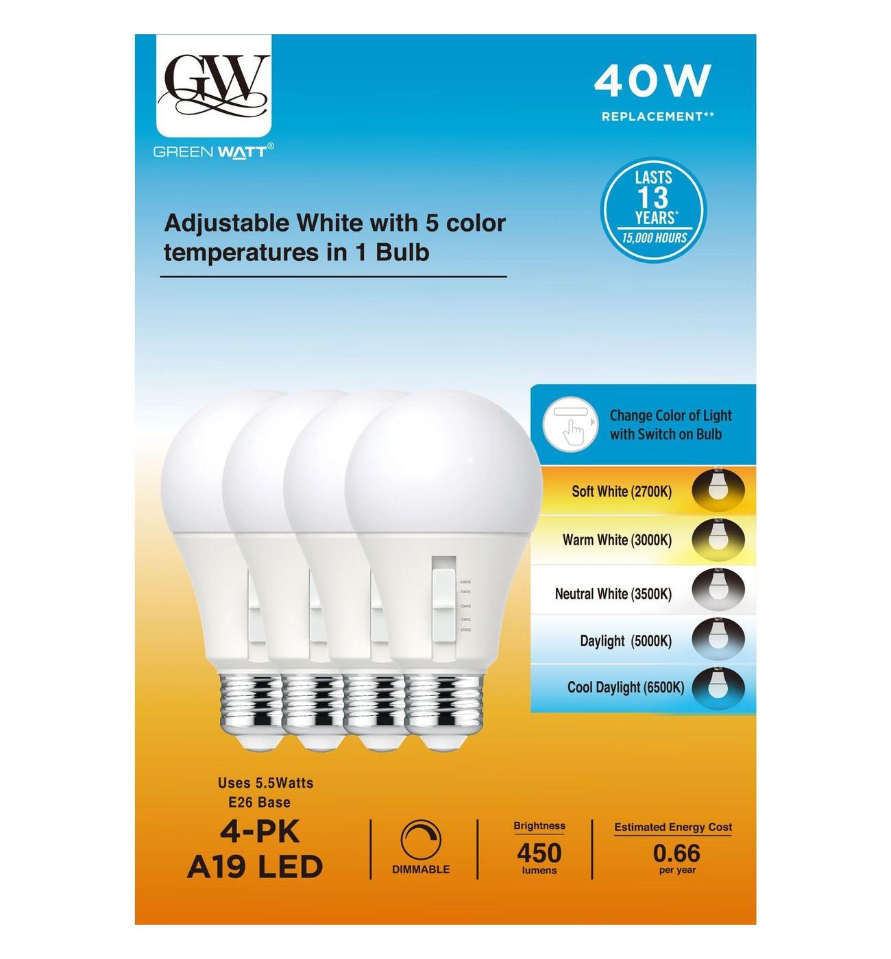 Green Watt A19 40-Watt LED Dimmable Lightbulb; image 1 of 4