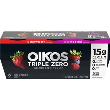 Oikos Triple Zero 15g Protein Greek Yogurt - Mixed Berry & Strawberry, 6 pk, 5.3 oz