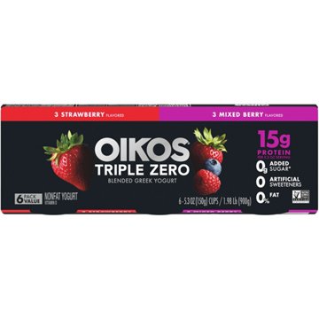 Oikos Triple Zero 15g Protein Greek Yogurt - Mixed Berry & Strawberry, 6 pk, 5.3 oz