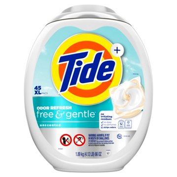 Tide PODS Free & Gentle Odor Refresh Hypoallergenic Laundry Detergent Packs - Unscented, 45 ct