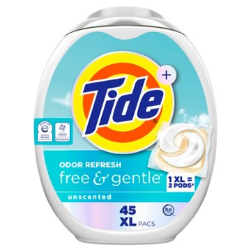 Tide PODS Free & Gentle Odor Refresh Hypoallergenic Laundry Detergent Packs - Unscented, 45 ct