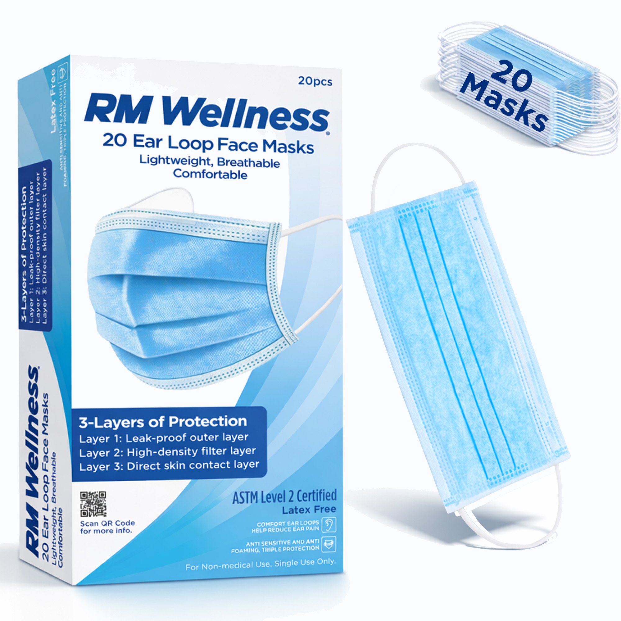dsiposable mask RM Wellness Disposable Face Masks with Elastic Ear Loops - Blue