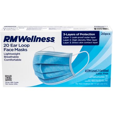 RM Wellness Disposable Ear Loop 3 Layer Face Masks, 20 ct