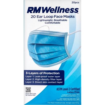 RM Wellness Disposable Ear Loop 3 Layer Face Masks, 20 ct