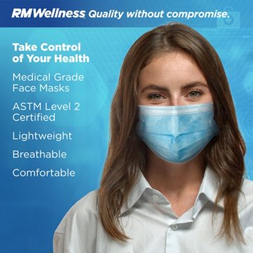 RM Wellness Disposable Face Masks with Elastic Ear Loops - Blue, 20 ct