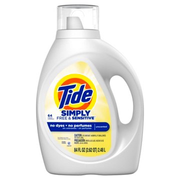 Tide Simply Free & Sensitive Liquid Laundry Detergent, 64 Loads, Unscented, 84 oz