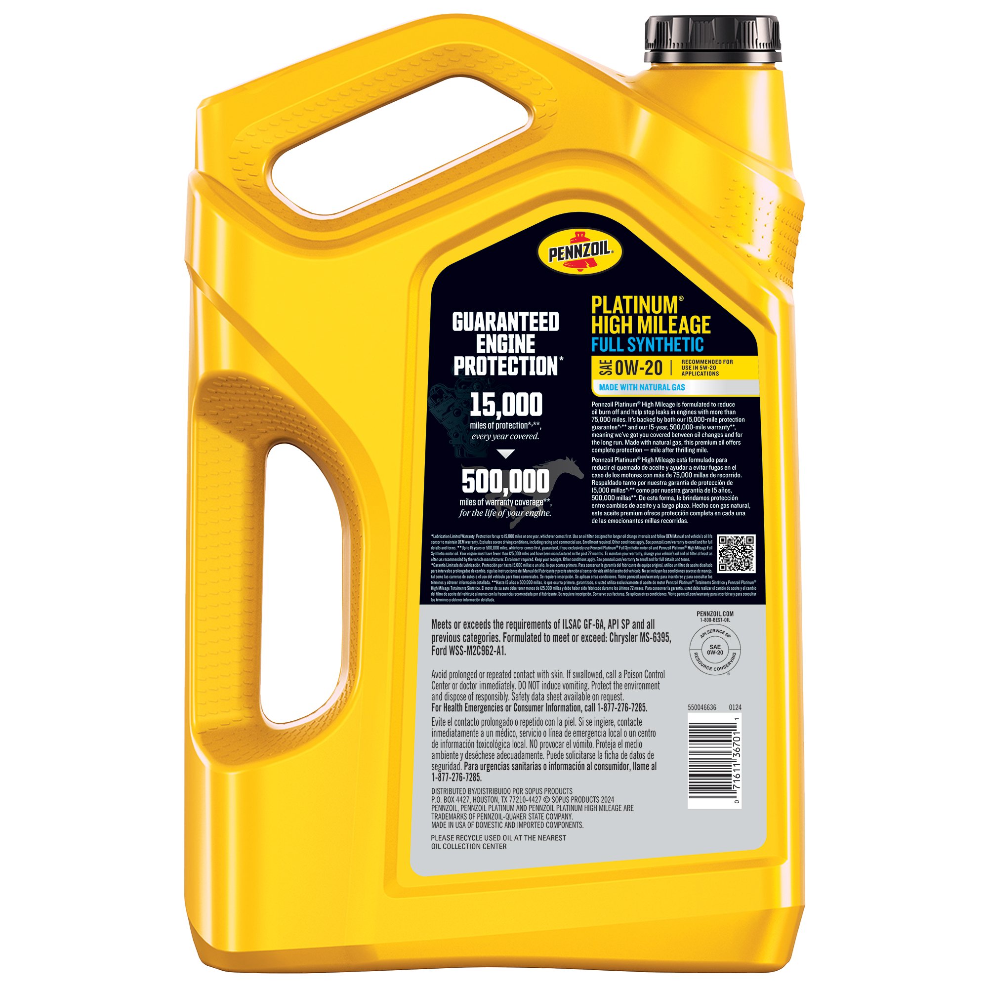 Pennzoil Platinum High Mileage Full Synthetic 0W-20 Motor Oil