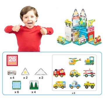 Picasso Tiles Magnetic Tiles Metro City Set with Vehicles, 26 pc