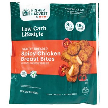 Higher Harvest by H-E-B Lightly Breaded Spicy Chicken Breast Bites - 16g Protein, 24 oz