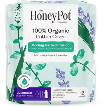 The Honey Pot 100% Organic Cotton Cooling Herbal Overnight Pads with Wings