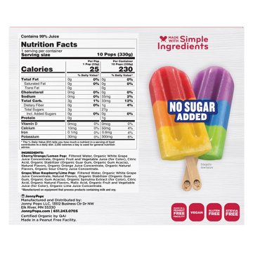 JonnyPops No Sugar Added Organic Color Burst Minis Frozen Pops, 10 ct