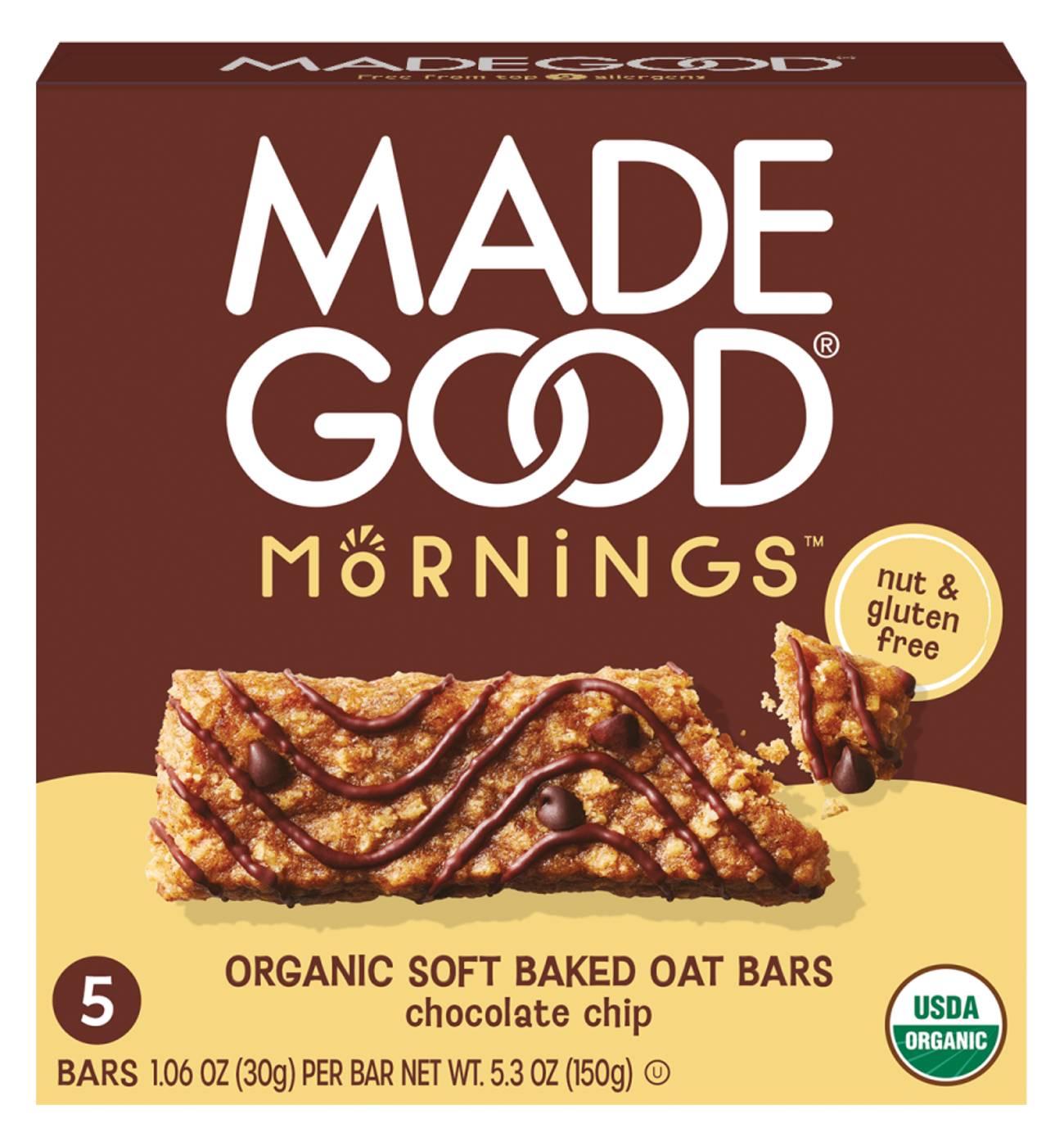 MadeGood Mornings Organic Soft Baked Oat Bars - Chocolate Chip; image 1 of 12