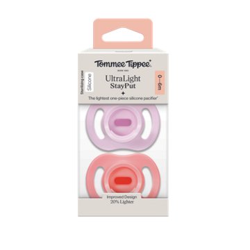 Tommee Tippee Ultra-light Stayput Silicone Pacifiers for 0-6 Months, Pink & Purple, 2 ct