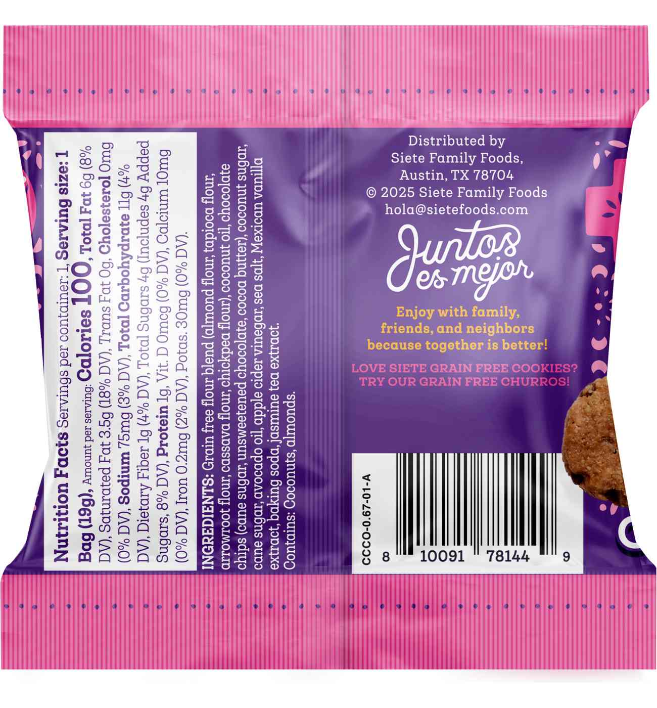 Siete Grain Free Cookies Mini Mexican Vanilla Chocolate Chip Multipack 0.67 oz  Bags; image 2 of 3