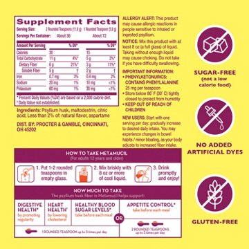 Metamucil 4-in-1 Fiber Supplement Powder for Digestive Health & Regularity, Sugar-Free, Naturally Sourced Psyllium Fiber, Lemonade Flavor