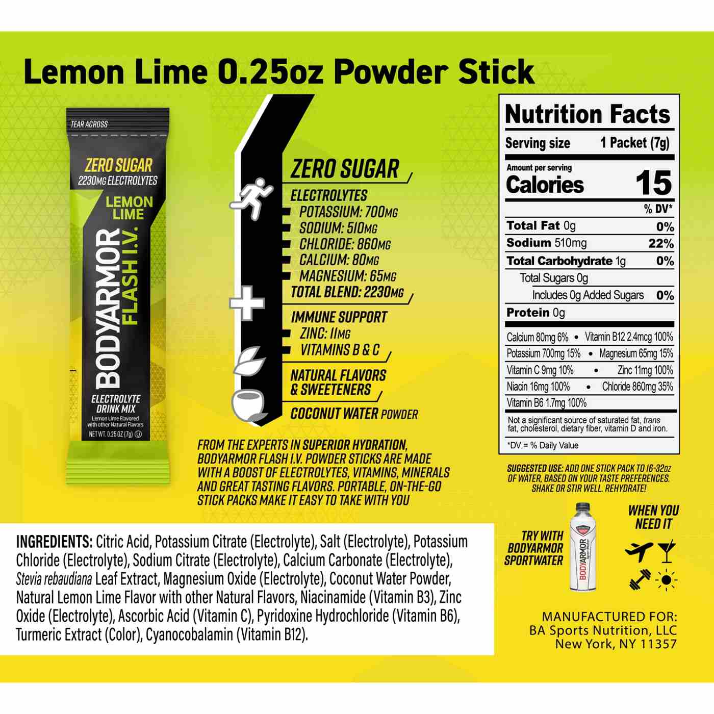 BODYARMOR Flash I.V. Zero Sugar Hydration Booster Electrolyte Powder Stick Packs - Lemon Lime; image 5 of 7