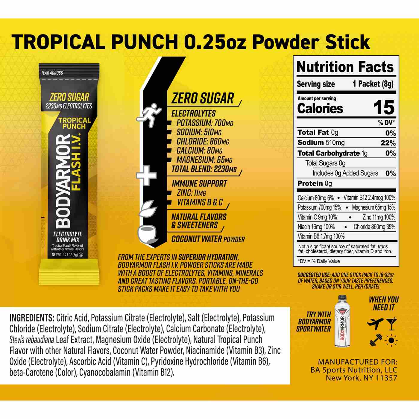 BODYARMOR Flash I.V. Zero Sugar Hydration Booster Electrolyte Powder Stick Packs - Tropical Punch; image 4 of 6