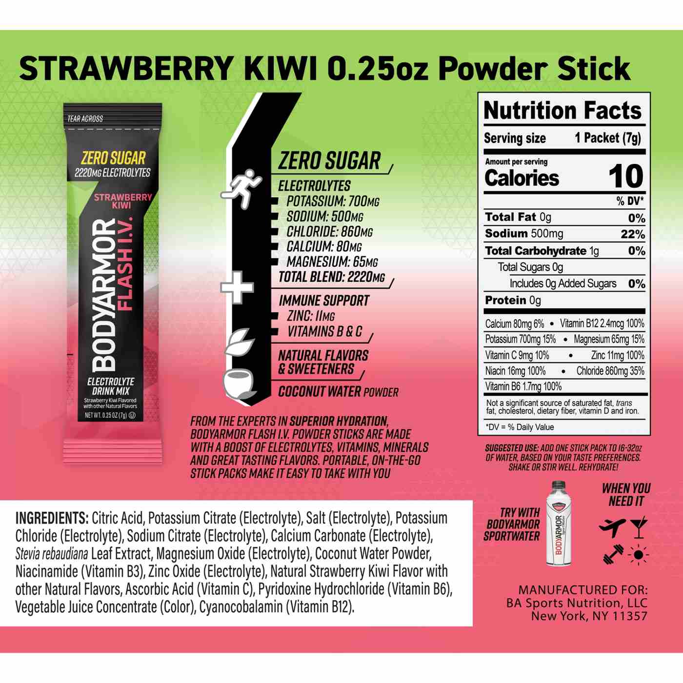 BODYARMOR Flash I.V. Zero Sugar Hydration Booster Electrolyte Powder Stick Packs - Strawberry Kiwi; image 7 of 7