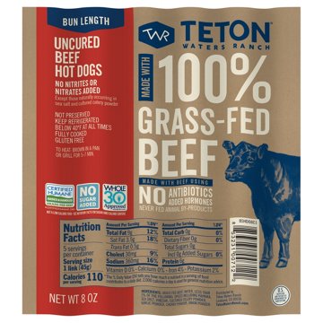 Teton Waters Ranch Bun Length Uncured Beef Hot Dogs, 8 oz