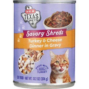 H-E-B Texas Pets Savory Shreds Wet Cat Food - Turkey & Cheese Dinner in Gravy
