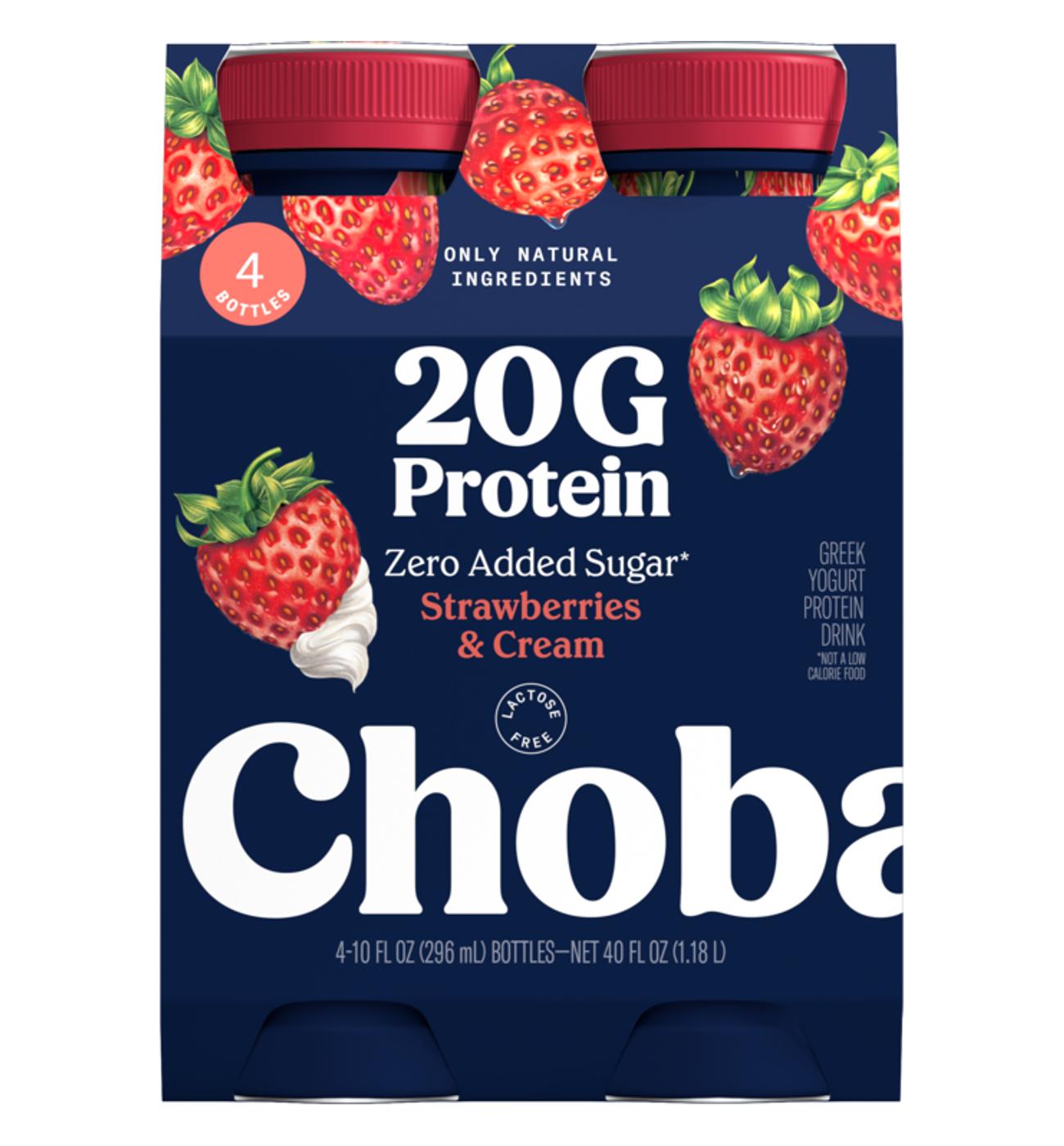 Chobani 20G Protein Zero Sugar Added Strawberries & Cream Yogurt Drink 10 oz Bottles; image 1 of 3