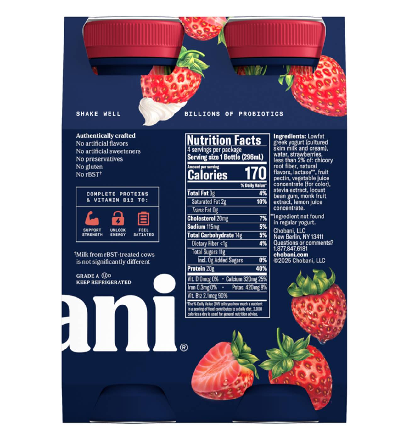 Chobani 20G Protein Zero Sugar Added Strawberries & Cream Yogurt Drink 10 oz Bottles; image 2 of 3