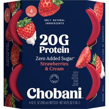 Chobani 20G Protein Zero Sugar Added Strawberries & Cream Yogurt Drink 10 oz Bottles, 4 ct