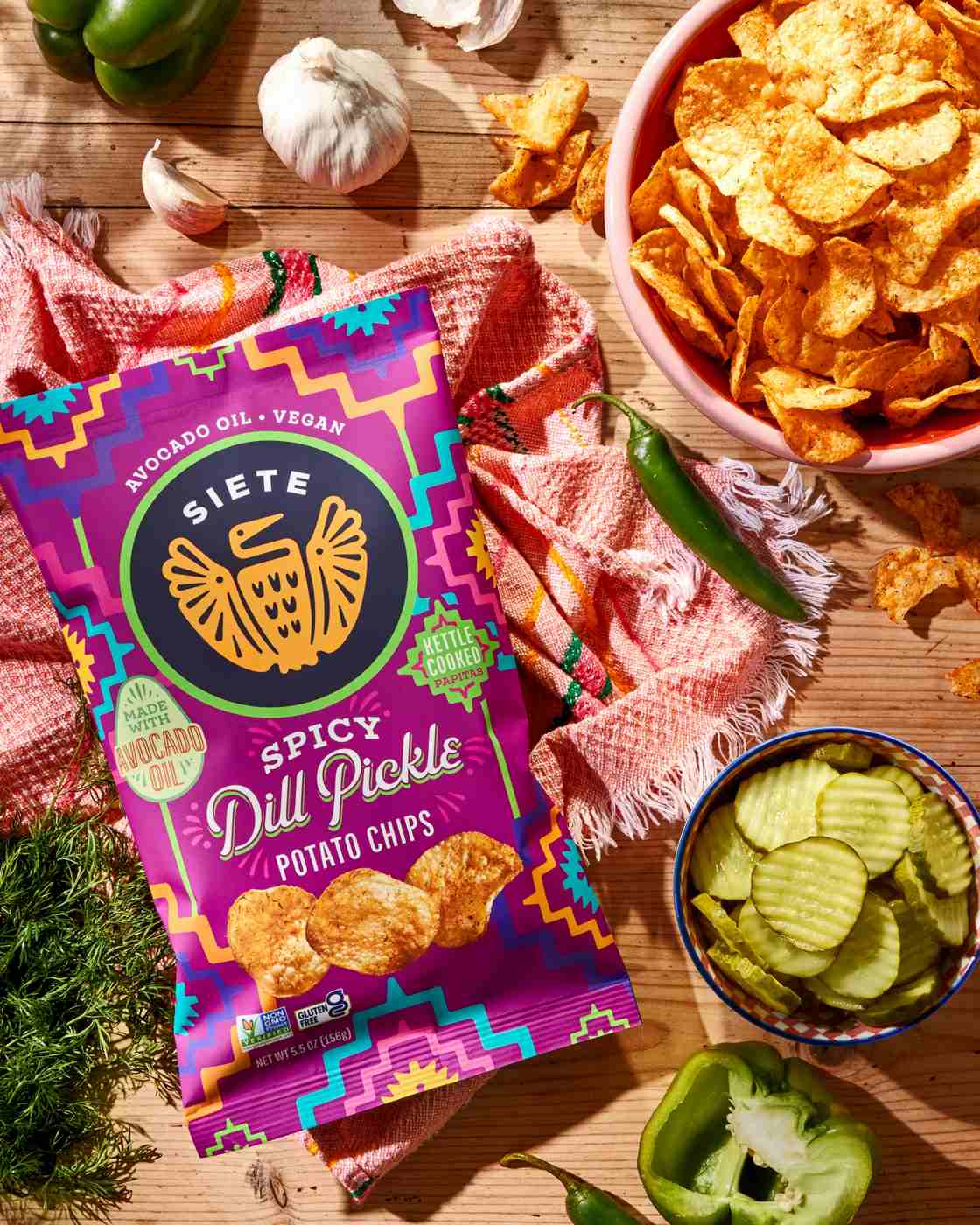 Siete Kettle Cooked Spicy Dill Pickle Potato Chips; image 2 of 4