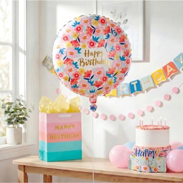 American Greetings Happy Birthday Floral Foil Uninflated Balloon with Inflation Straw