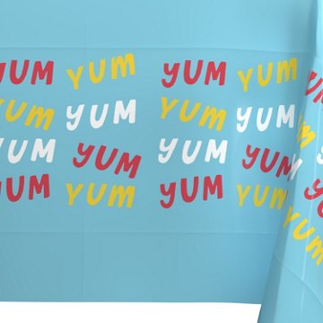 American Greetings Blue with Colorful Yum Plastic Table Cover, 84" x 54"