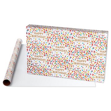 American Greetings Confetti Pattern White Birthday Foil Wrapping Paper,15 sq. ft., 72" x 30"