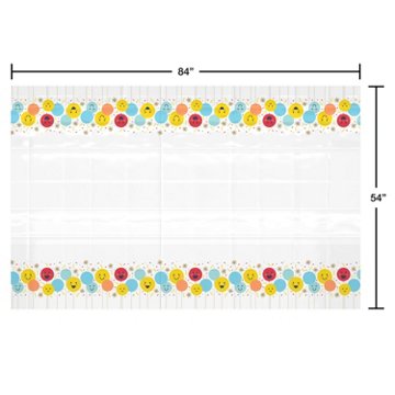 American Greetings White with Smiley Face Balloon Plastic Table Cover, 84" x 54"