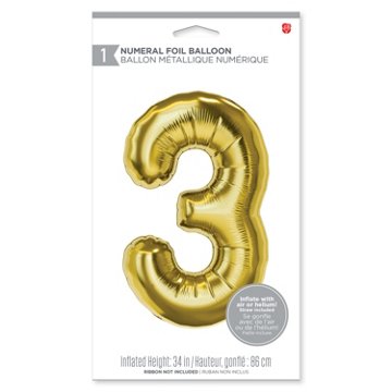 American Greetings Number 3 Large Gold Foil Uninflated Balloon, 34" x 25"