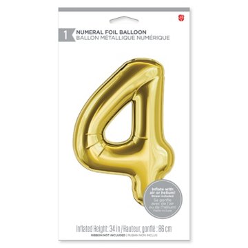 American Greetings Number 4 Large Gold Foil Uninflated Balloon, 34" x 25"