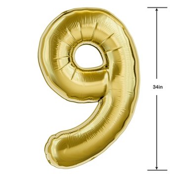 American Greetings Number 9 Large Gold Foil Uninflated Balloon, 34" x 25"